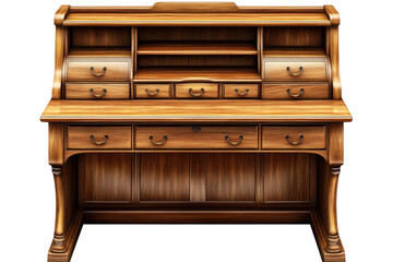 An antique wooden desk beckons tales of yesteryear adorned with brass pulls and promising on transparent background