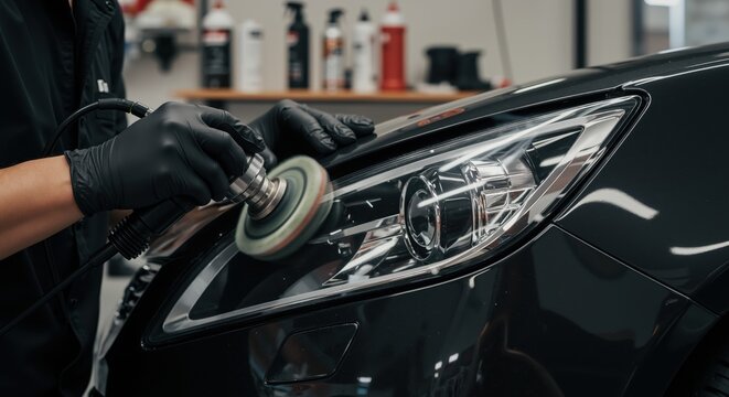 Man polishing car headlight with rotary tool in auto garage  