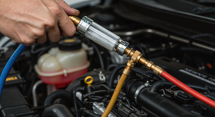 Mechanic using refrigerant gauge on car engine in auto repair shop  