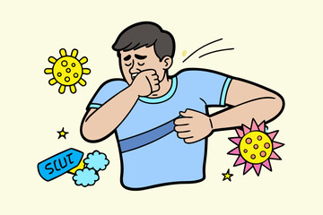 Illustration of Man Coughing Highlighting Cold Symptoms with Viruses and Medicine