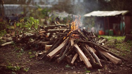 Fototapeta premium A 4K photo of heap of yard debris prepared for burning in the outdoor garden.