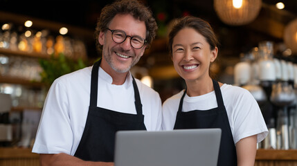 Happy male and female cafe owners checking financial reports on laptop together, surrounded by modern coffee equipment and friendly ambiance, showing dedication and passion for the