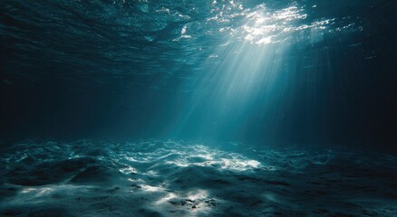 Underwater ocean floor with sunlight rays, deep blue water, tranquil ethereal atmosphere, vast landscape for backgrounds.