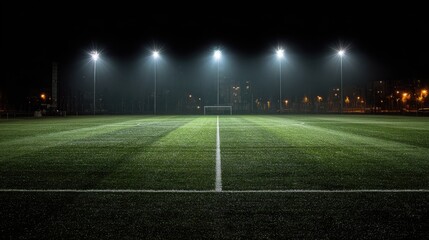 Fototapeta premium A 4K photo of illuminated soccer field, dramatic lighting.
