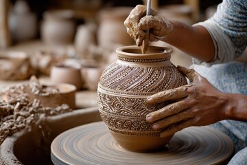 Crafting intricate pottery designs in a traditional workshop setting