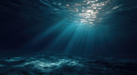 Underwater ocean floor with sunlight rays, deep blue water, tranquil ethereal atmosphere, vast landscape for backgrounds.