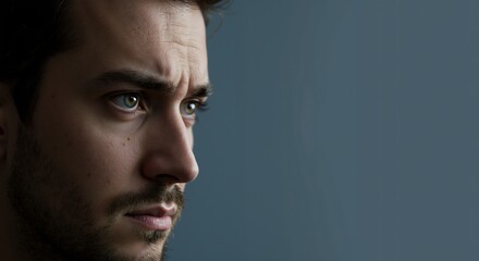 Young man with serious expression looking to the side against blue background  
