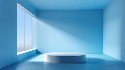 A 4K photo of interior corner wall room blue 3d background of abstract window light stage scene or empty product studio showroom display and blank presentation podium.