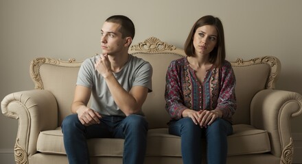 Young couple sitting on sofa looking away from each other indoors  