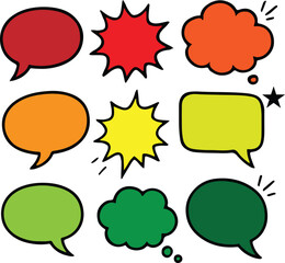 Colorful Comic Speech Bubbles cloud Set balloon, Vibrant hand-drawn comic speech bubbles for various uses.