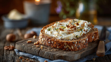 Warm slice of homemade whole grain bread topped with soft butter spread, sitting on aged wooden chopping board, crumbs and knife placed casually, evoking cozy breakfast moments