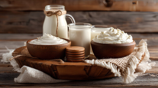 Wooden Tray with Dairy Products: Milk and Yogurt in Bowls