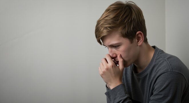 Young man looking pensive while sitting against a gray wall
