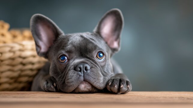 A close-up of a gray French Bulldog puppy resting its chin on a wooden surface with large ears and expressive eyes. - Powered by Adobe