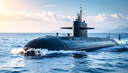 Submarine at sea under a cloudy sky