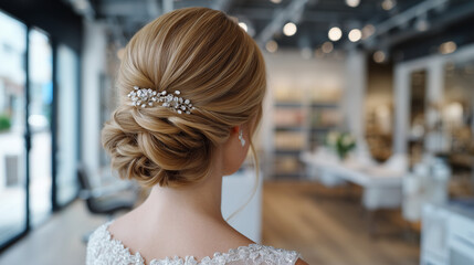 Sophisticated bridal hair bun on blonde bride, close-up rear view shows glossy hair and intricate decorative pins, professional stylist completes hairstyle in bright modern salon s