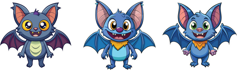 Cute Cartoon Bat Characters Vector Set for Halloween. 