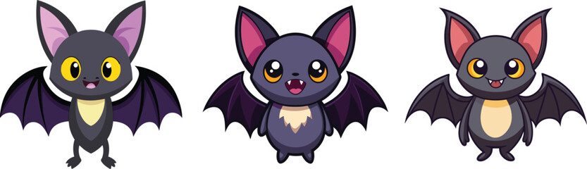 Cute Cartoon Bat Characters Vector Set for Halloween. 