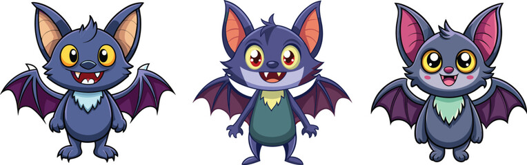 Cute Cartoon Bat Characters Vector Set for Halloween. 