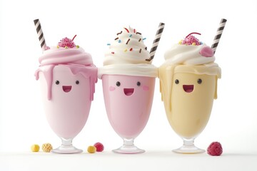 Milkshakes isolated in 3d cartoon character on white background