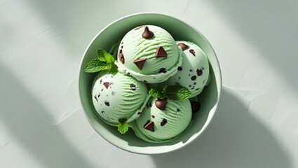Delicious Mint Chocolate Chip Ice Cream Scoop: Refreshing Summer Dessert in Bowl with Mint Leaves Garnish - Tasty, Sweet Frozen Treat for Foodies, Vibrant Green Ice Cream Photography