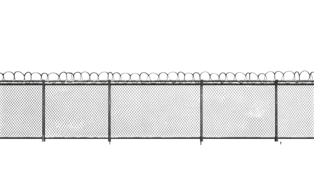 Long chain-link fence with barbed wire in outdoor setting