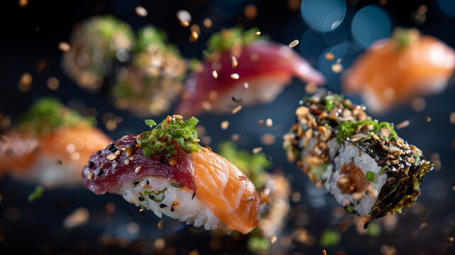 Vibrant sushi pieces levitate in mid-air composition, featuring salmon, tuna nigiri, and assorted maki rolls, dark matte backdrop enhances vivid orange, pink, and green hues, ideal
