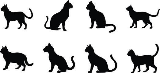 Black Cat Silhouettes in Multiple Poses Vector Set. 