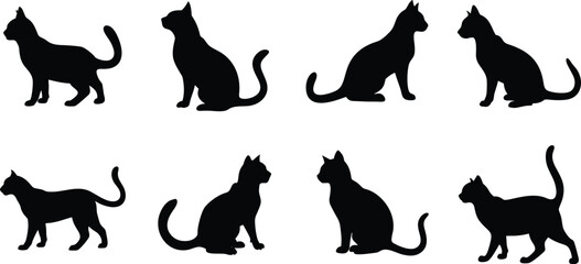 Black Cat Silhouettes in Multiple Poses Vector Set. 