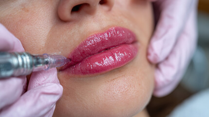 Close-up of young womanâs lips during lip blush treatment, professional beautician wearing gloves carefully applies pigment with tattoo machine, soft salon lighting highlights smoo