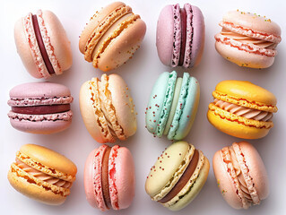 A vibrant top-down view of a delicate assortment of French macarons in pastel hues, arranged on a white background