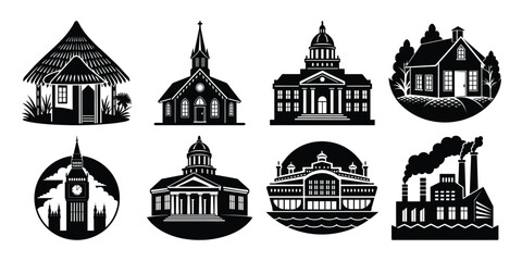 Silhouettes of various buildings and structures on a white background