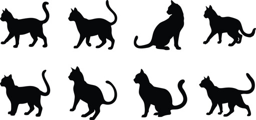 Black Cat Silhouettes in Multiple Poses Vector Set. 
