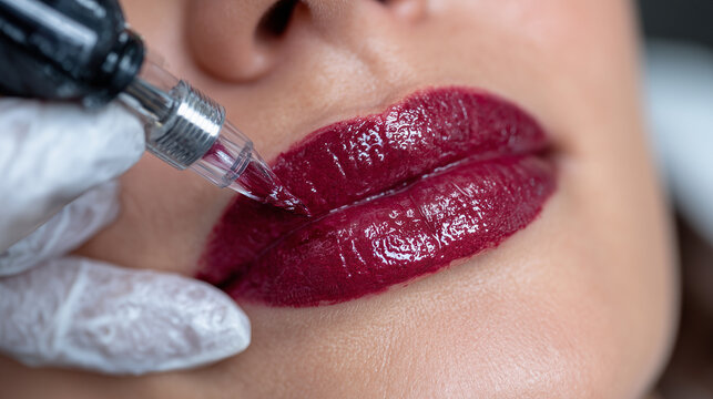 Artistic view of lip blush procedure showing pigment shades, tattoo machine, and makeup artist&acirc;s gloved hands, young woman&acirc;s skin flawless, beauty treatment reflecting modern perma