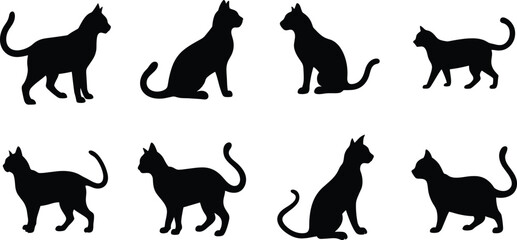 Black Cat Silhouettes in Multiple Poses Vector Set. 