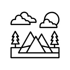 Mountain landscape vector illustration with trees clouds and sun nature scene design art