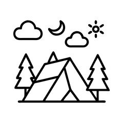 Camping adventure outdoors icon with tent trees sun moon and clouds vector illustration line art