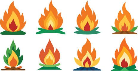 Flat Campfire and Flame Icons Vector Set.