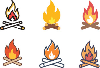 Set of Colorful Campfire Icons for Outdoor Design.