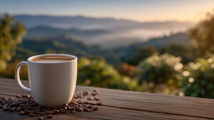 Steaming cup of espresso rests on rustic wooden table bathed in soft golden morning light, coffee beans scattered nearby, blurred lush green coffee plantation fades gently into sun