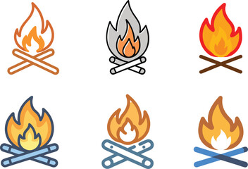 Set of Colorful Campfire Icons for Outdoor Design.