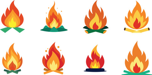 Flat Campfire and Flame Icons Vector Set.