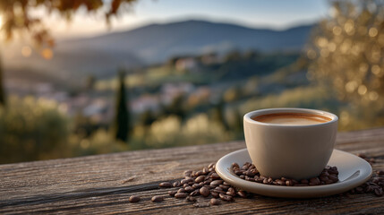 Morning sunlight filters through trees, casting warm glow on espresso cup and saucer atop weathered wooden table, scattered coffee beans adding texture, distant coffee plantation h