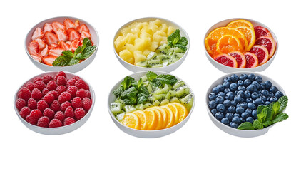 Naklejka premium Assorted fresh fruit bowls with strawberries, pineapples, citrus, raspberries, kiwis, and blueberries