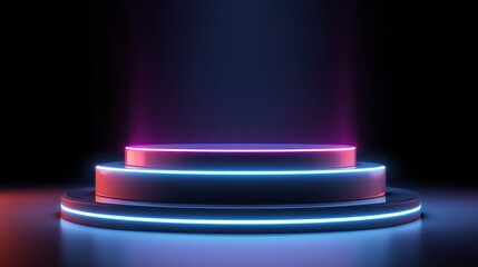 Fototapeta premium Vibrant photo of empty neon product display podium. Generative AI.
