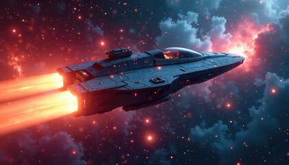 Obraz premium Futuristic Spaceship Blazing Through Vibrant Nebula A Thrilling Journey Through Deep Space