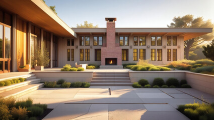 Modern Architecture and Contemporary Home Design: Luxurious Exterior View with Minimalist Patio, Vibrant Landscaping, Stylish Fireplace, and Spacious Terrace Highlighting Natural Light and Features.