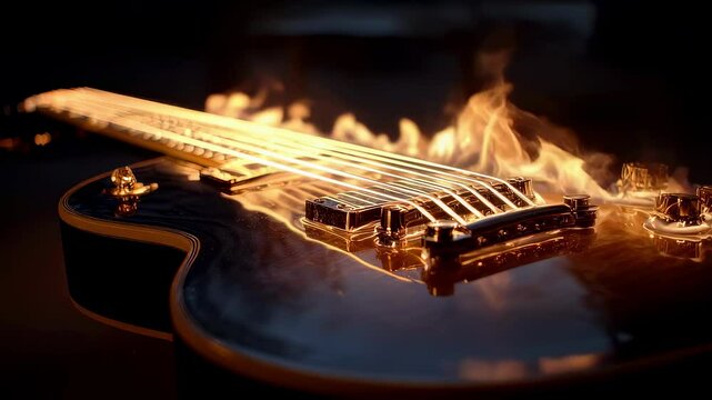 Captivating closeup of a guitar ablaze with flames dancing across the strings and body. This dramatic shot embodies the spirit of rock and roll showcasing the instrument as a fiery