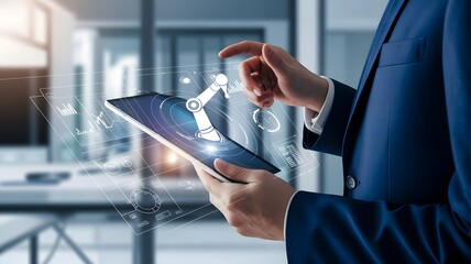 A businessman is interacting with a digital tablet displaying a robotic arm and data visualizations, representing automation technology