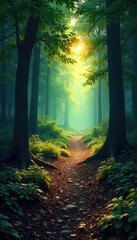 Naklejka premium Mysterious Forest Path Branching Footprints Lead to Shadowy Woods, Intriguing Light Filters Through the Trees, Suggesting Choices and Discovery
